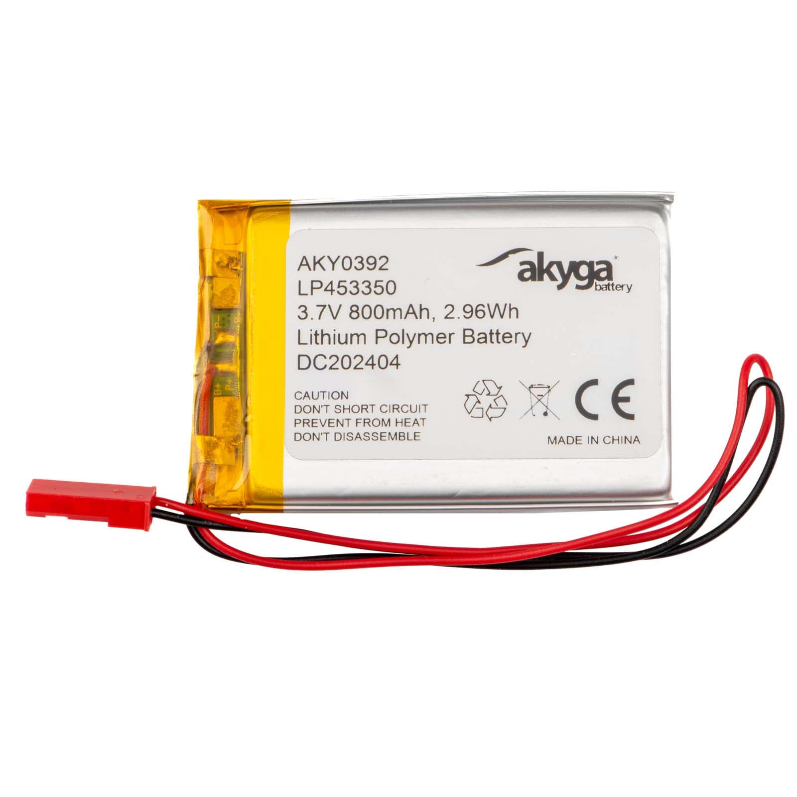 Ličio polimero baterija Akyga AKY0392 LP453350 Li- Po 3.7V / 800mAh PCM JST 2.54 2Pin Connector 150mm