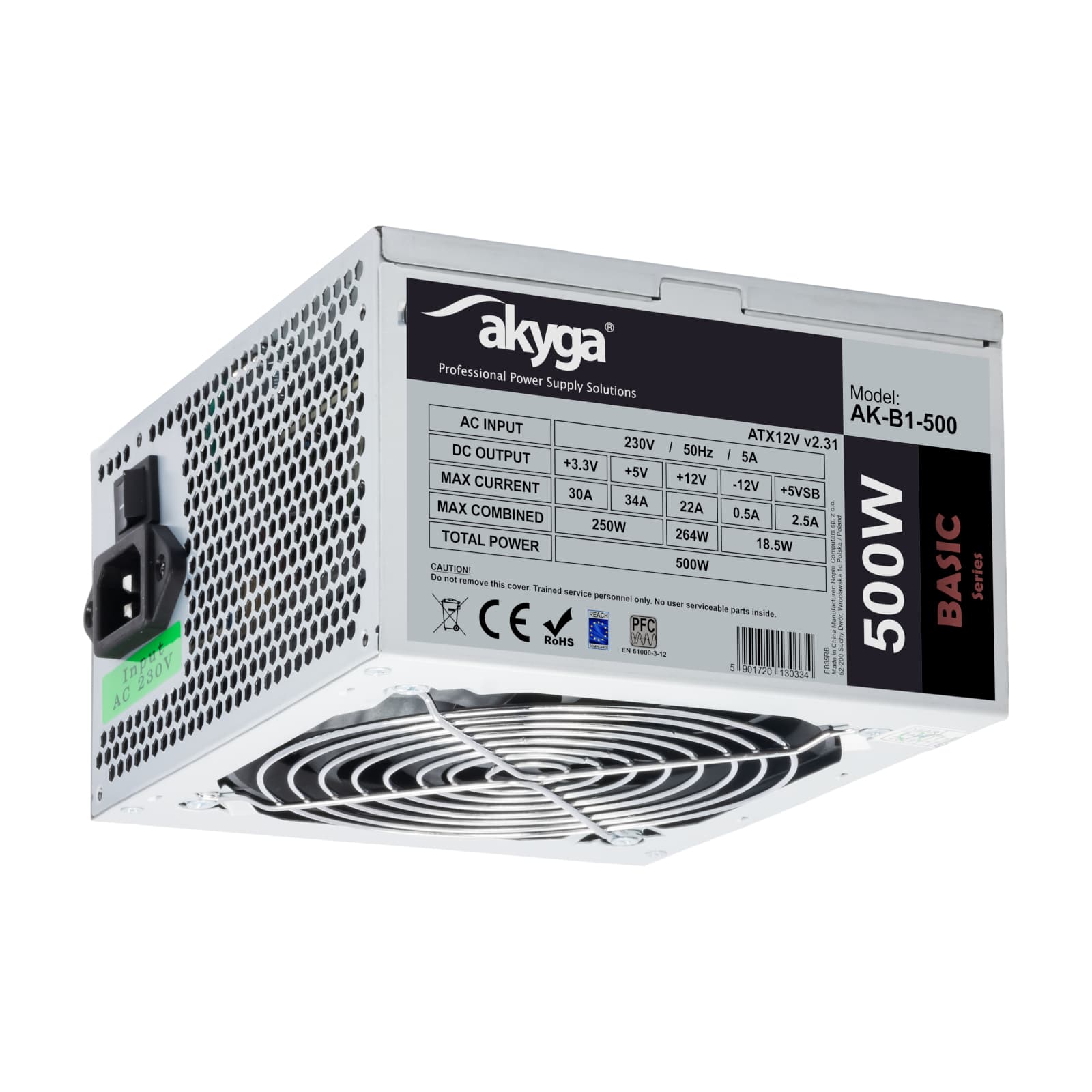 ATX maitinimo šaltinis 500W Akyga AK- B1-500 P4 PCI-E Q3QQ + 2 pin 3x SATA 2x Molex PPFC FAN 12cm