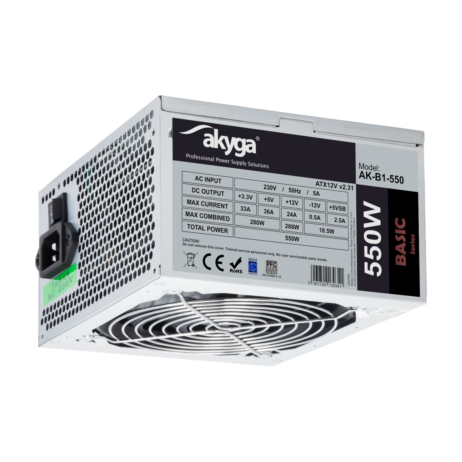 ATX maitinimo šaltinis 550W Akyga AK- B1-550 P4 PCI-E Q3QQ + 2 pin 3x SATA 2x Molex PPFC FAN 12cm