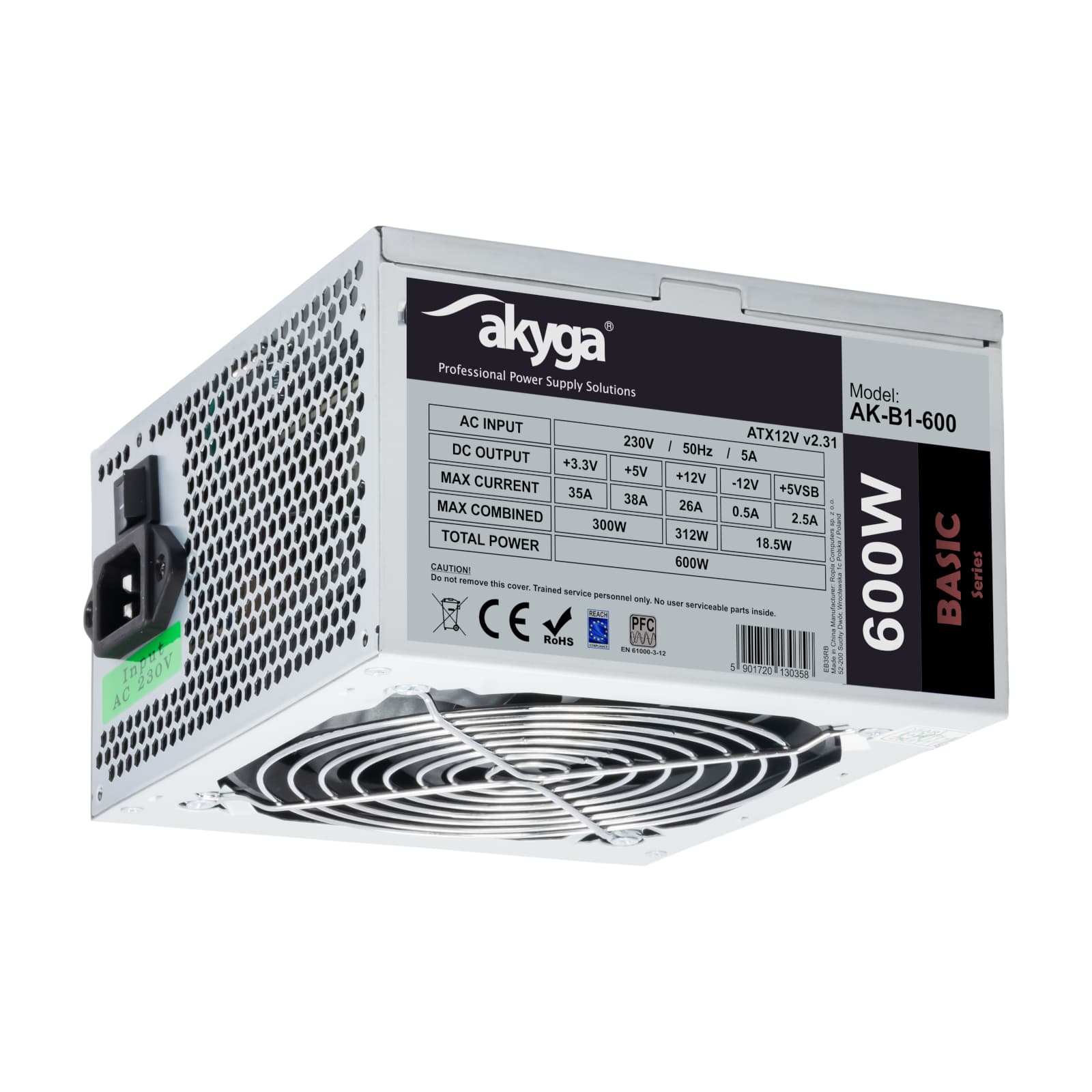 ATX maitinimo šaltinis 600W Akyga AK- B1-600 P4 PCI-E Q3QQ + 2 pin 4x SATA 2x Molex PPFC FAN 12cm