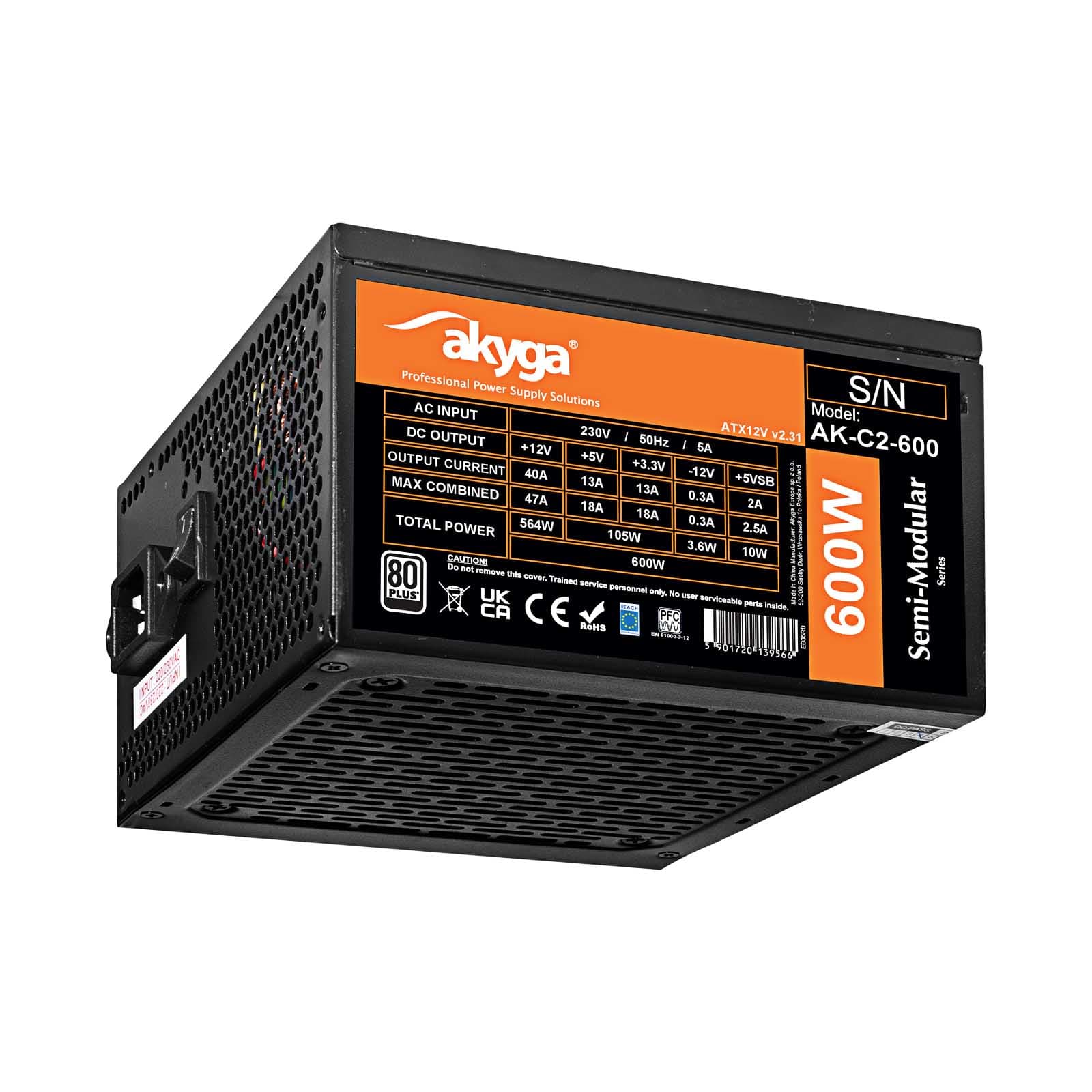 ATX maitinimo šaltinis 600W Akyga AK- C2-600 Modulis P4 + 4 2x PCI- E Q5QQ + 2 pin Q5x SATA 3x Molex FAN 12cm 80 +