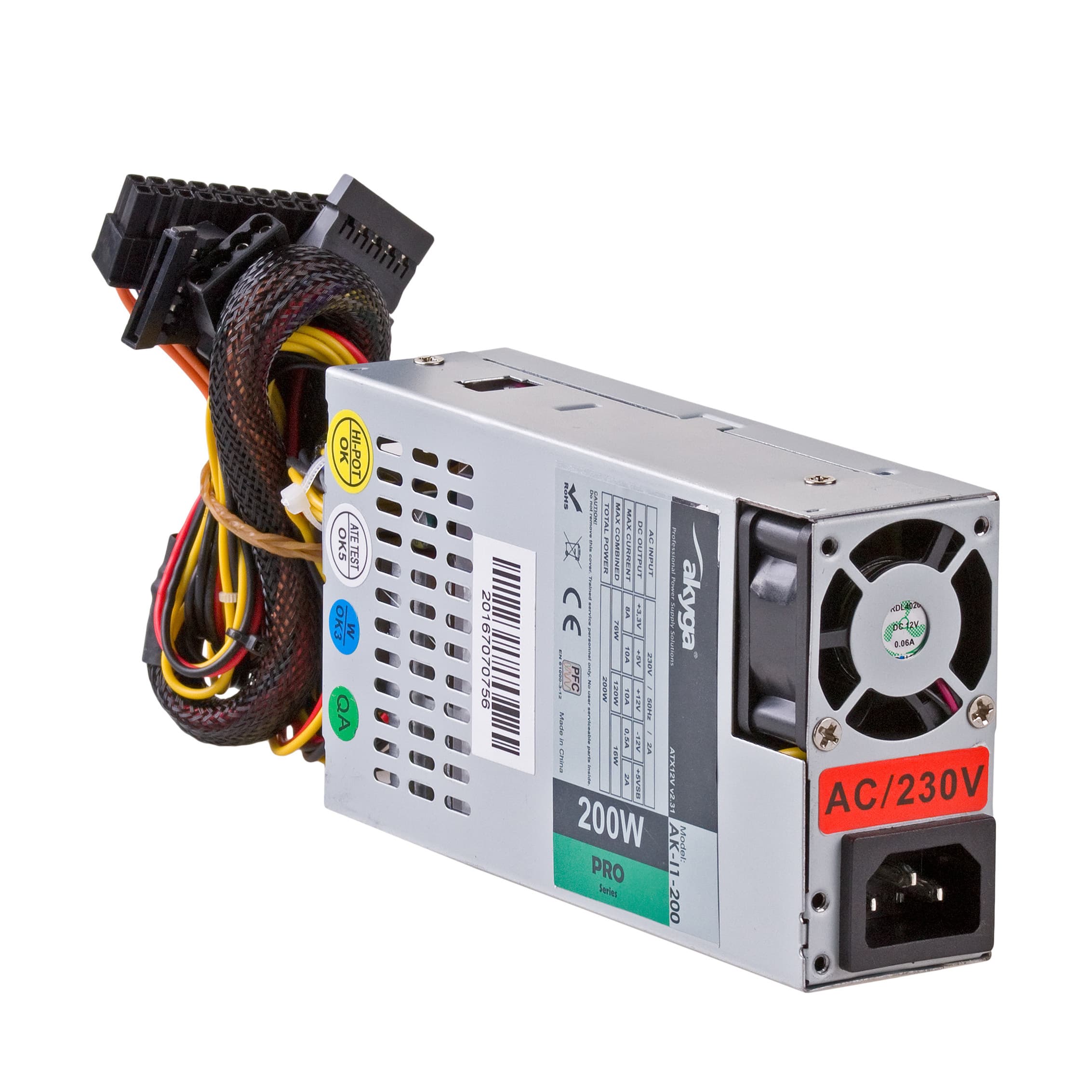Maitinimo blokas Flex ATX 200W Akyga AK-I1-200 Q2QQ mini ITX 20 + 4 Q5QQ 2x SATA 2x Molex PPFC FAN 40mm