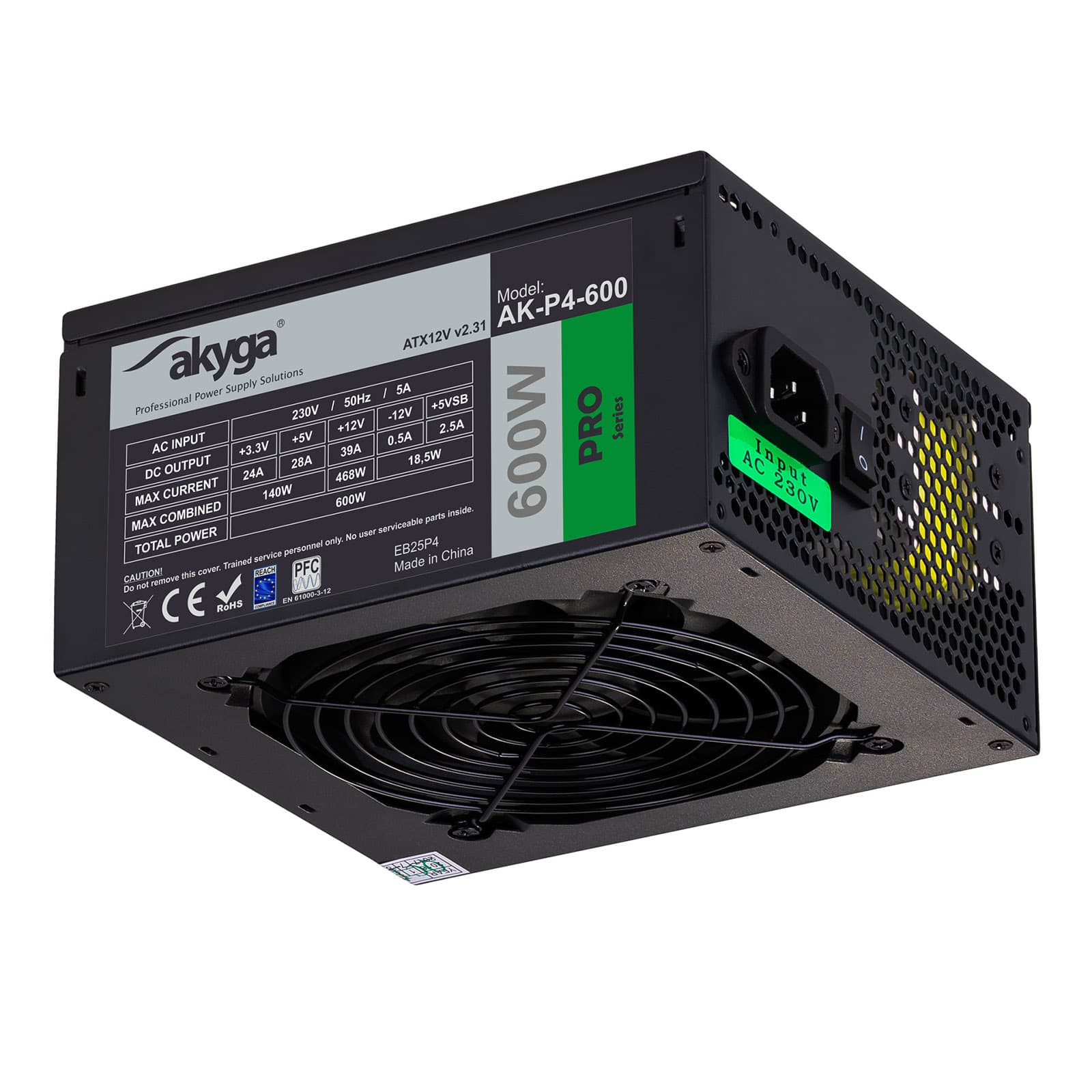 ATX maitinimo šaltinis 600W Akyga AK- P4-600 Modulis P4 + 4 PCI-E 6 pin 6 + 2 pin Q5x SATA 2x Molex PPFC FAN12cm