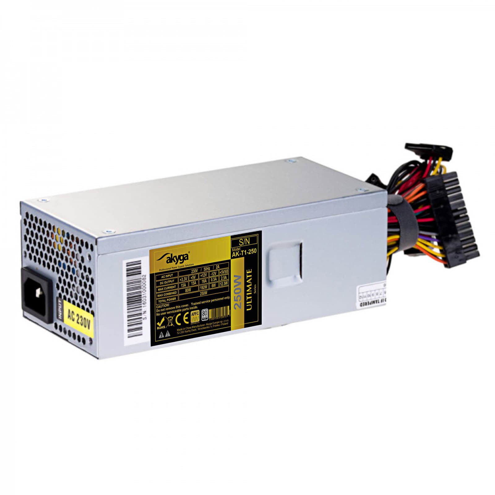Maitinimo šaltinis TFX 250W Akyga AK- T1-250 P4 3x SATA Molex APFC 80 + aukso FAN 8cm