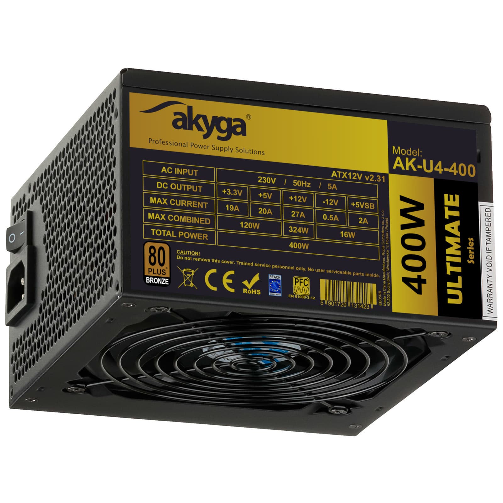 ATX Power Supply 400W Akyga AK U4-400 P4 + 4 PCI-E 6 pin 6 + 2 pin 6x SATA APFC Q8QQ + bronze FAN 12cm