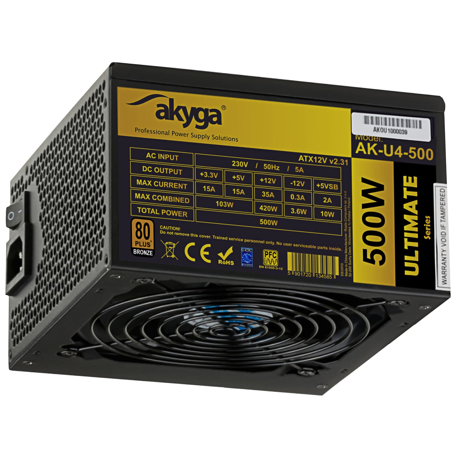ATX Power Supply 500W Akyga AK U4-500 P4 + 4 PCI-E 6 pin 6 + 2 pin 6x SATA APFC Q8QQ + bronze FAN 12cm