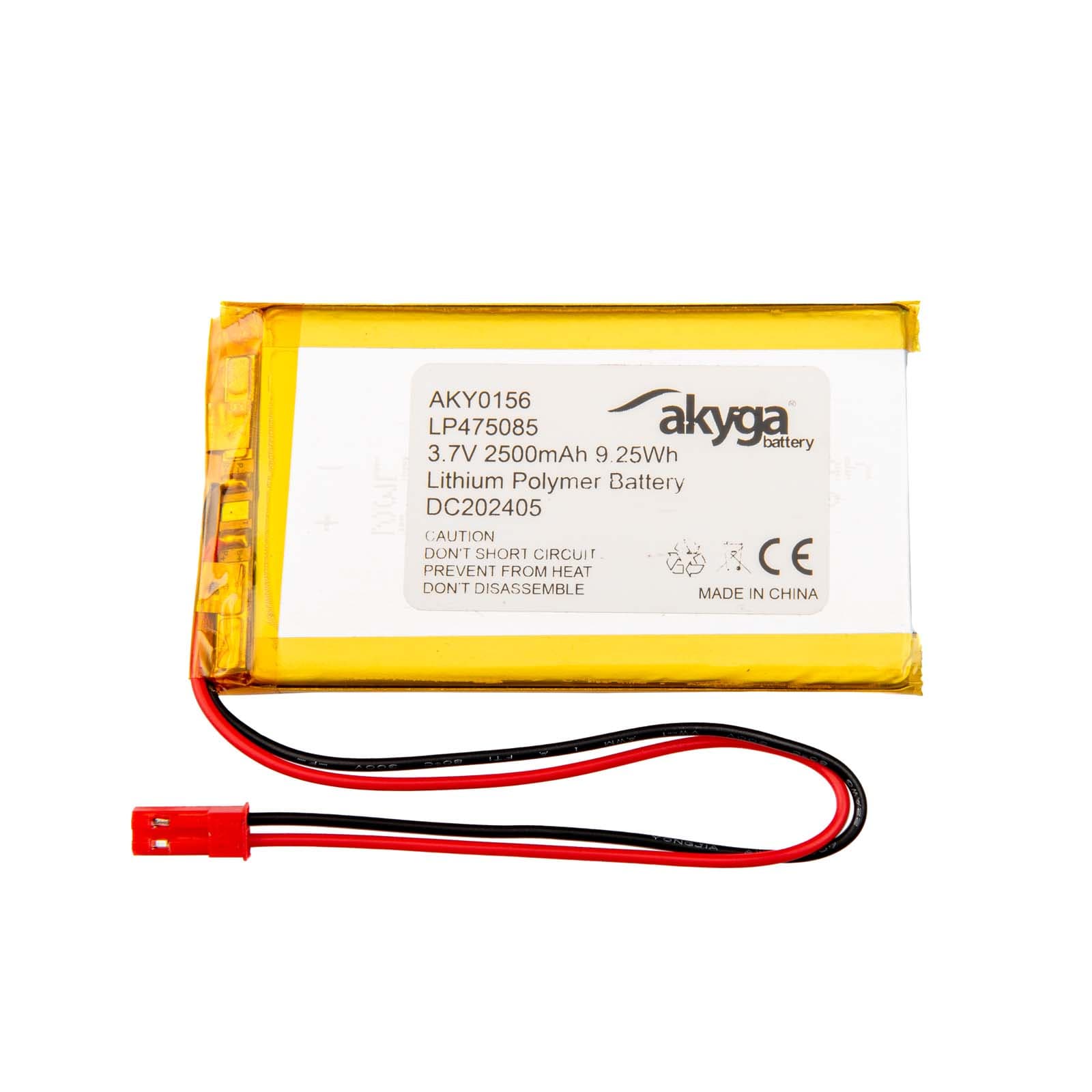 Ličio polimero baterija Akyga AKY0156 LP475085 Li- Po 3.7V/2500mAh PCM JST 2.54 2-Pin Connector 150mm