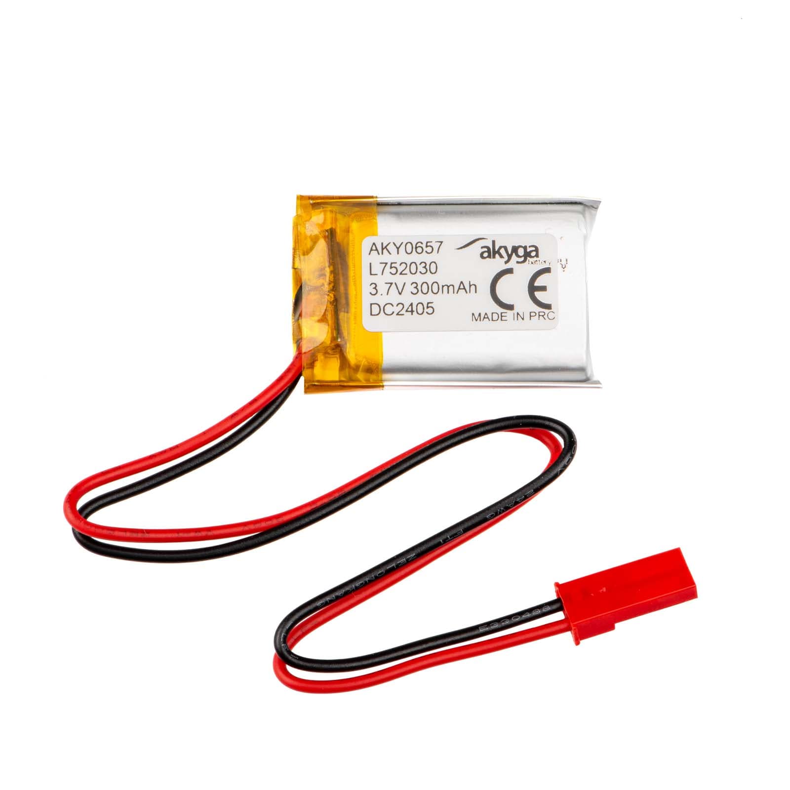 Ličio polimero baterija Akyga AKY0657 LP752030 Li- Po 3.7V/300mAh PCM JST 2.54 2-Pin Connector 150mm