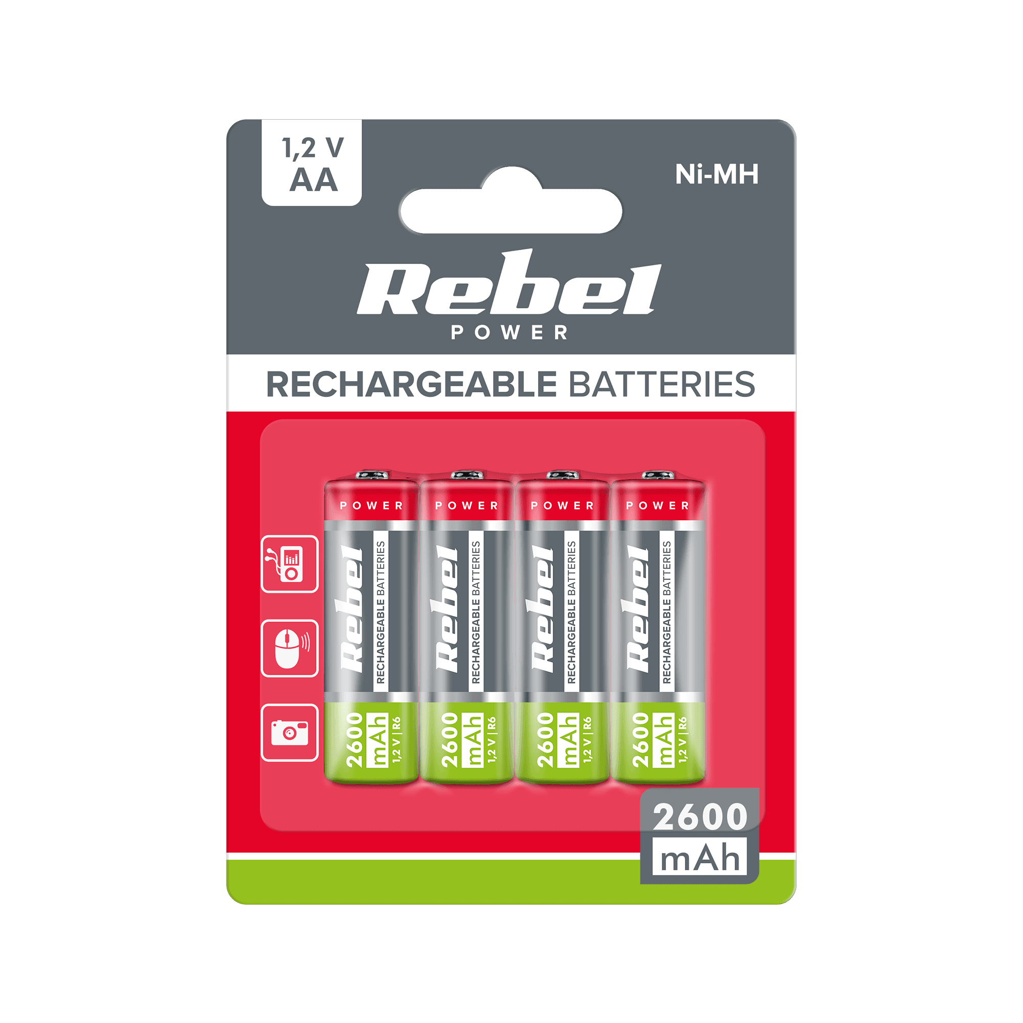 Baterija: REBEL AA, 2600 mAh, Ni-MH, QQ1Q, 2V, 4szt/bl, R6