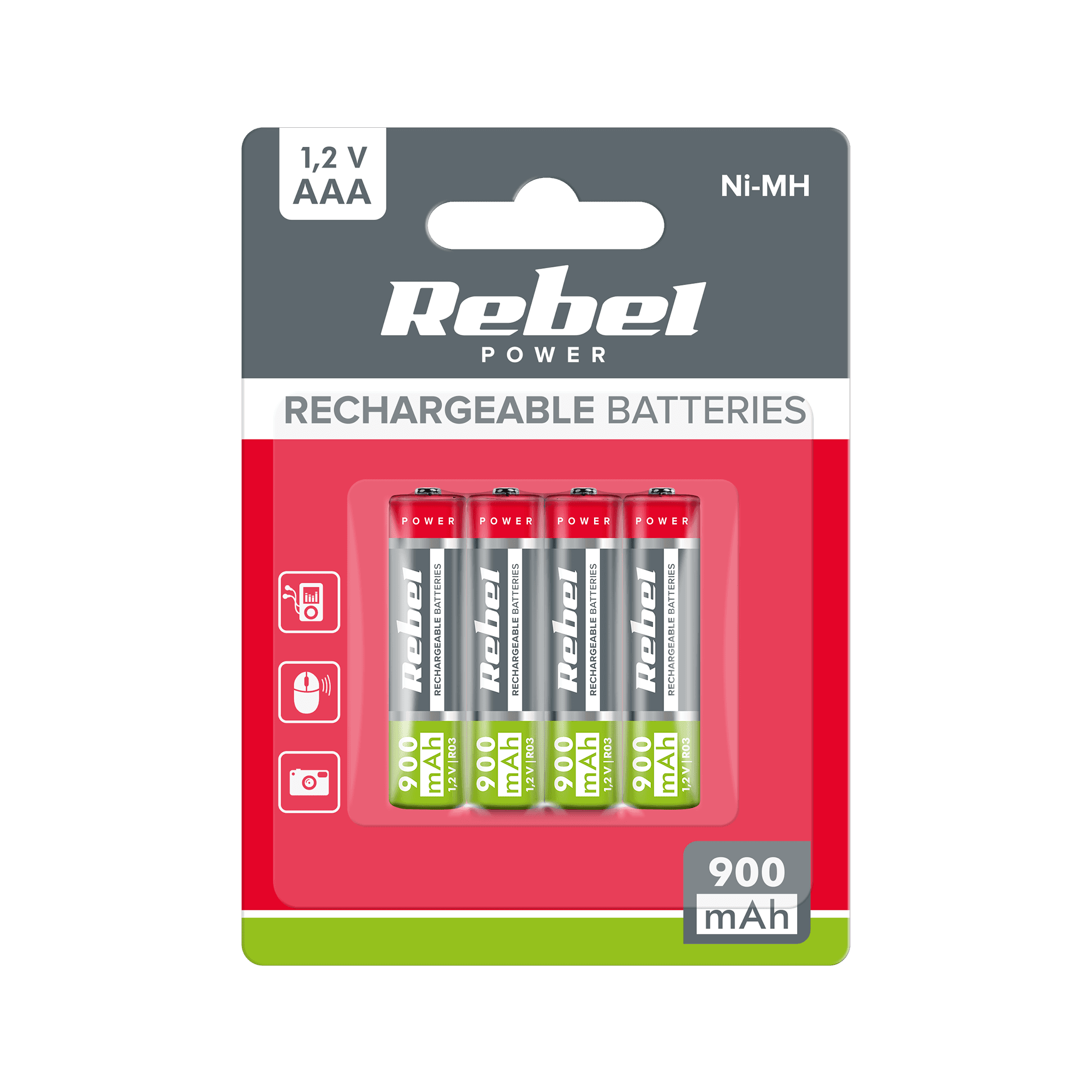 Baterija: REBEL AAA, 900 mAh, Ni-MH, QQ1Q, 2V, 4szt/bl, R3