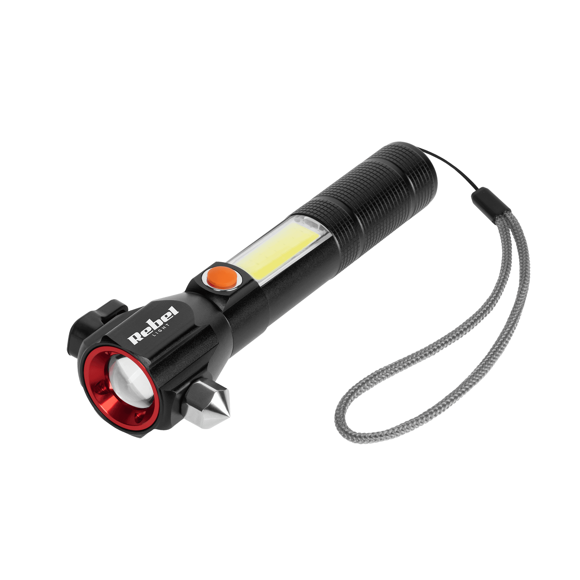 Akumulatorowa latarka wielofunkcyjna Rebel (zoom, nożyk, młotek do szyby).