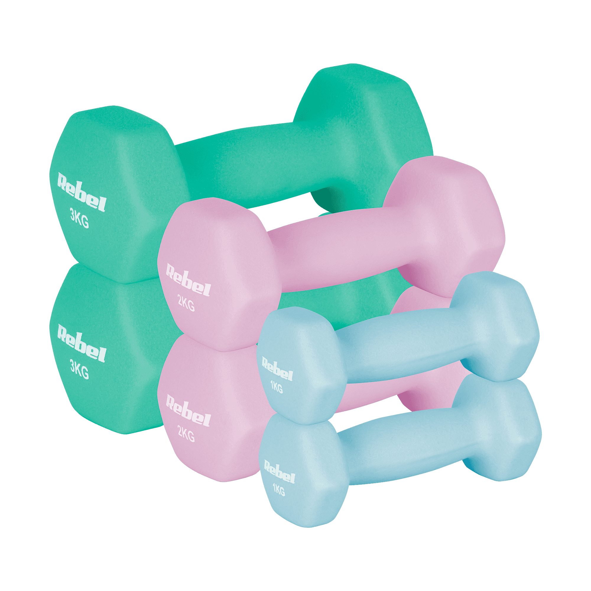 Hantelki żeliwne neoprenowe HEX zestaw 12kg (2x1kg+2x2kg+2x3kg), REBEL ACTIVE