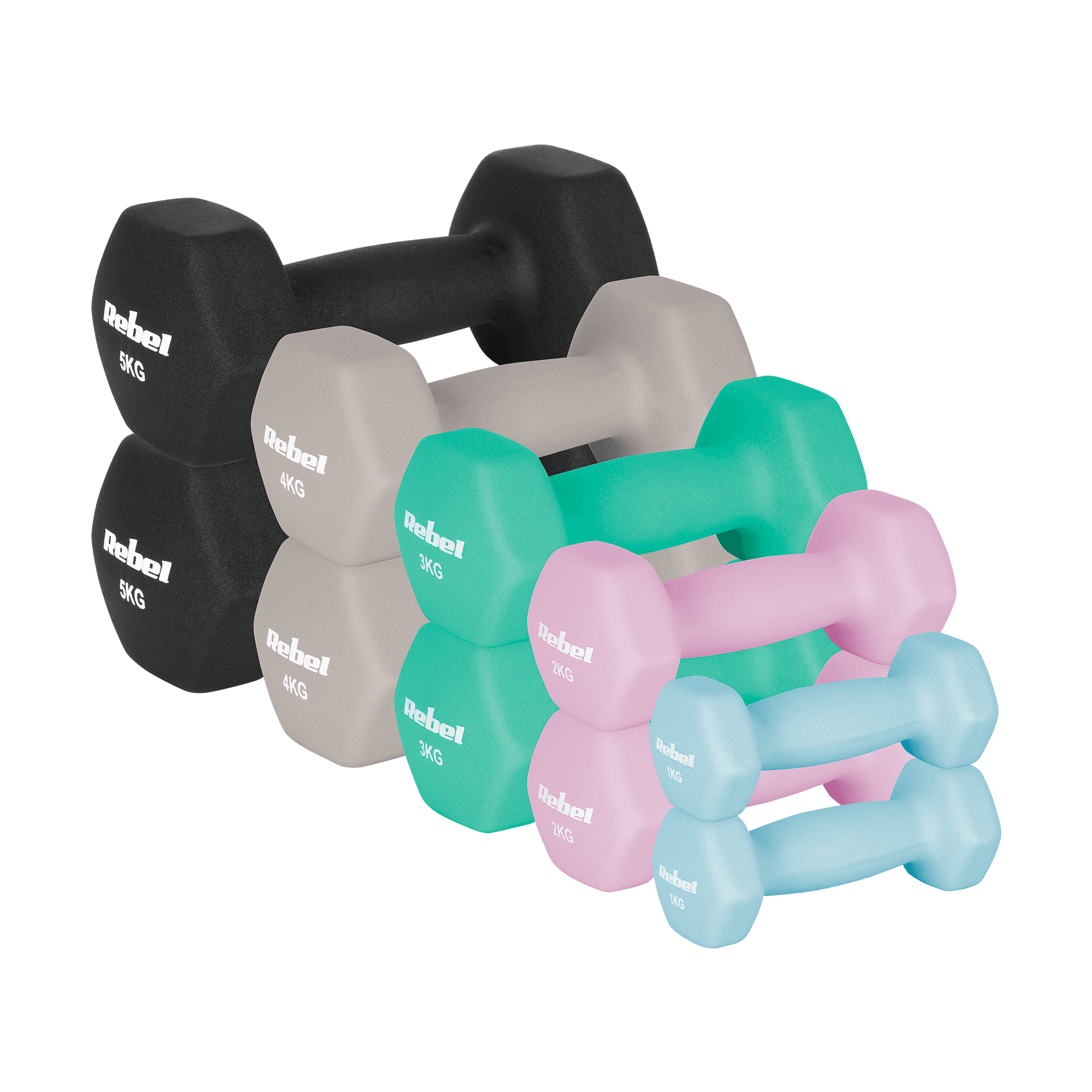 Hantelki żeliwne neoprenowe HEX zestaw 30kg (2x1kg+2x2kg+2x3kg+2x4kg+2x5kg), REBEL ACTIVE