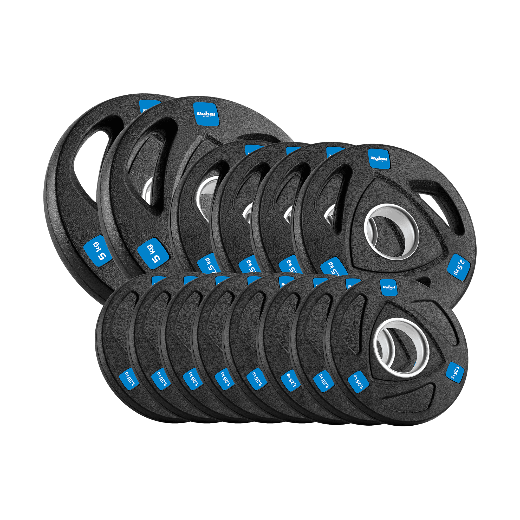 Obciążenie żeliwne olimpijskie gumowane zestaw 30kg ( 8x1.25kg + 4x2.5kg + 2x5kg ), otwór 51mm , REBEL ACTIVE