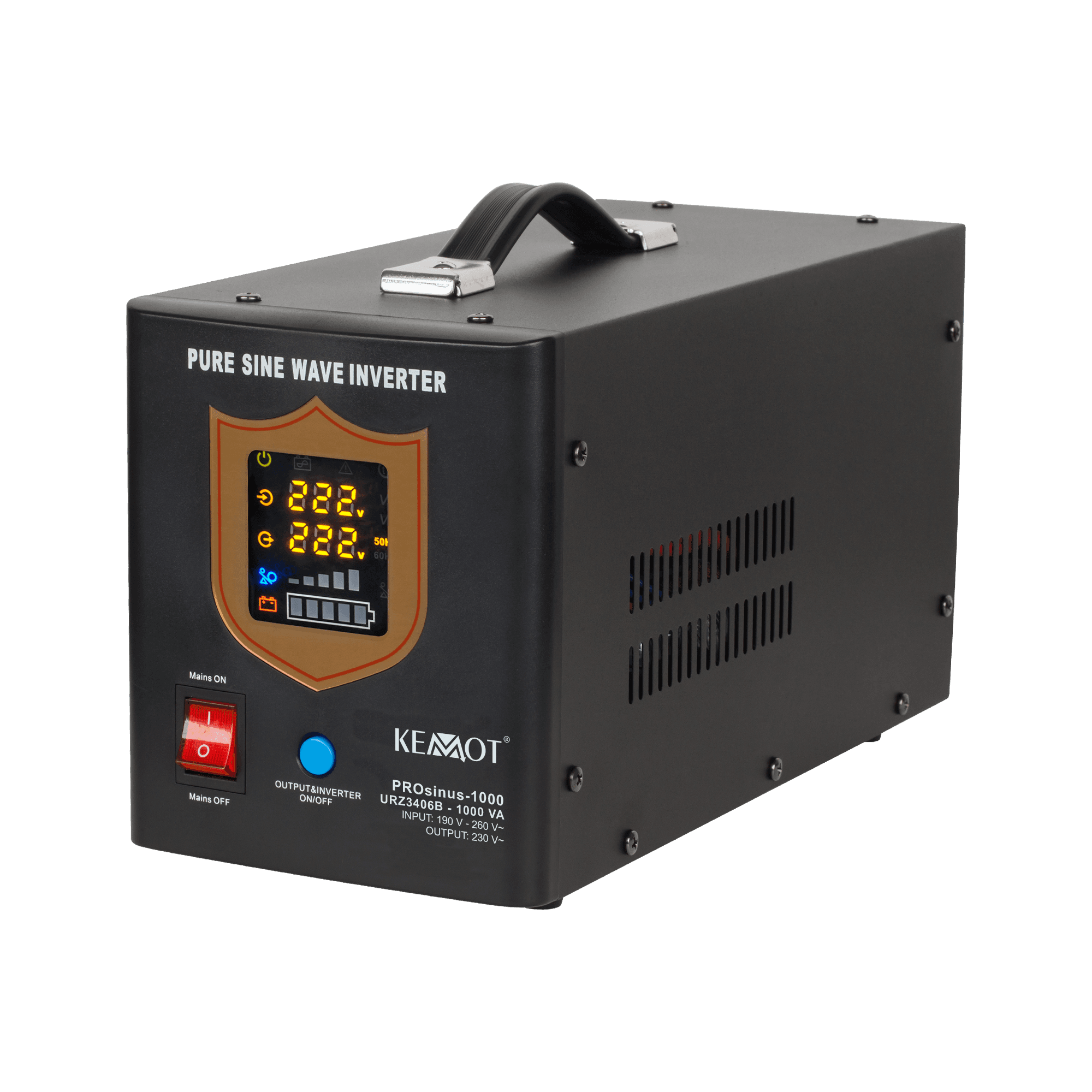 Avarinis maitinimo šaltinis KEMOT Prosinus- 1000 konverteris su švariu sineloidiniu kursu ir įkrovimo funkcija 12V 230V 1000VA / 700W - juoda
