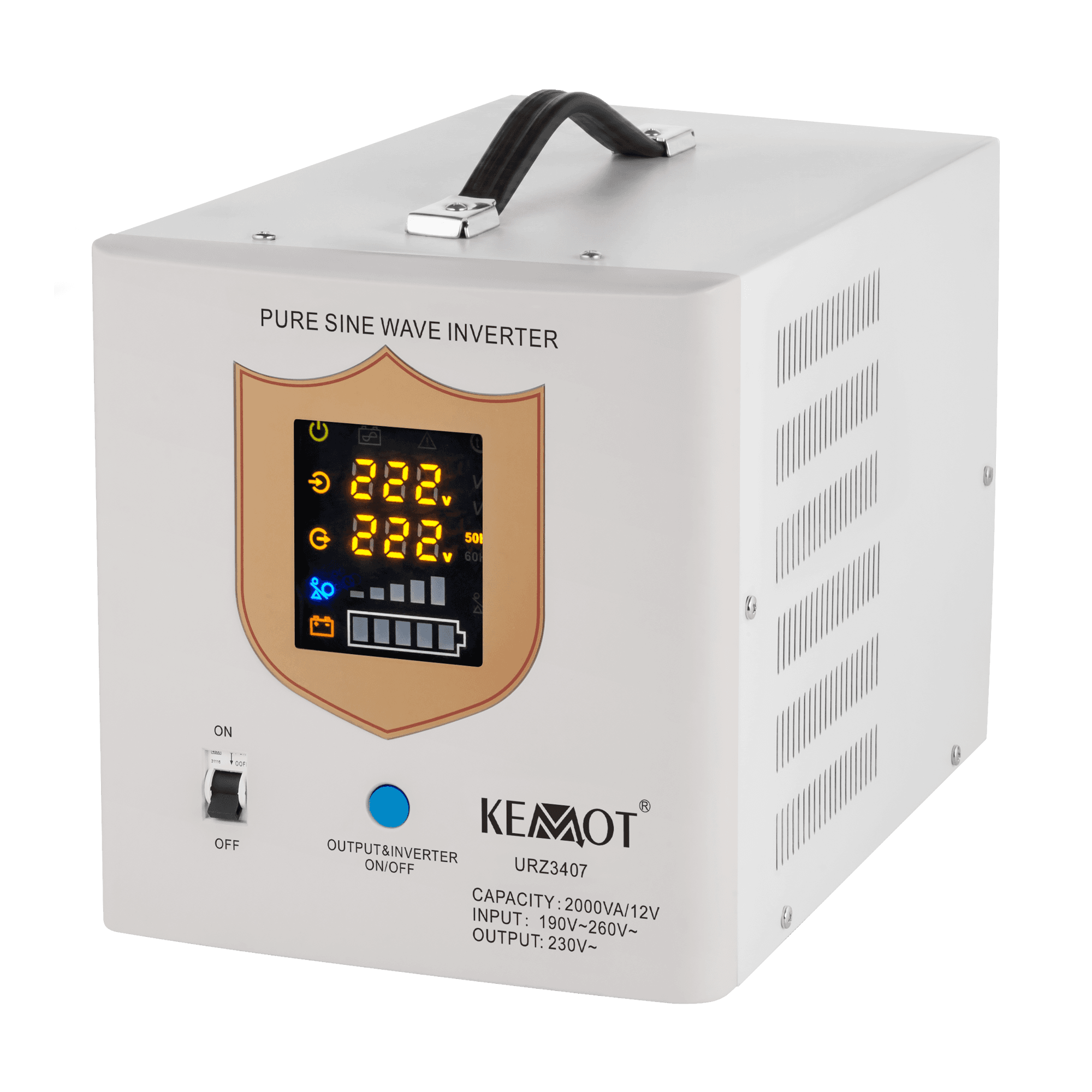 Zasilacz awaryjny KEMOT PROsinus-2000 przetwornica z czystym przebiegiem sinusoidalnym i funkcją ładowania 12V 230V 2000VA/1200W