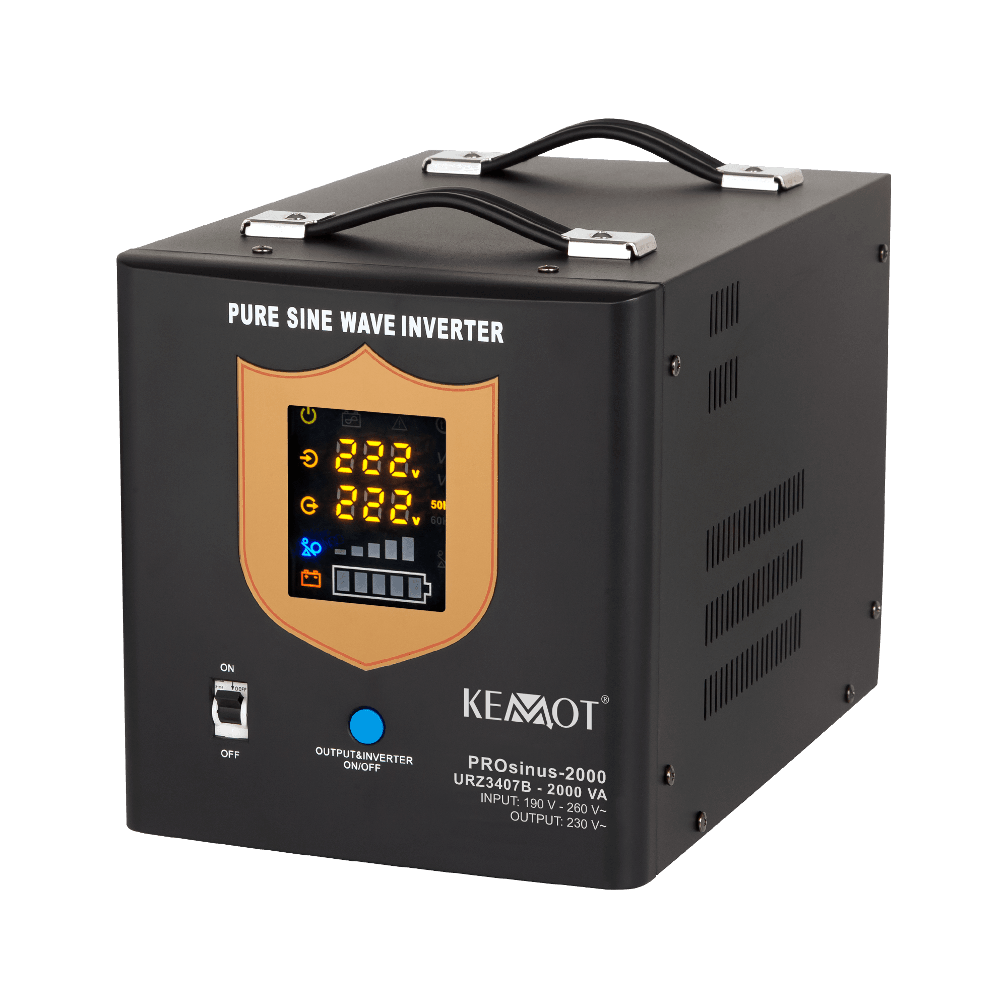 Avarinis maitinimo šaltinis KEMOT Prosinus- 2000 konverteris su švariu sineloidiniu kursu ir įkrovimo funkcija 12V 230V 2000VA / 1200W - juoda
