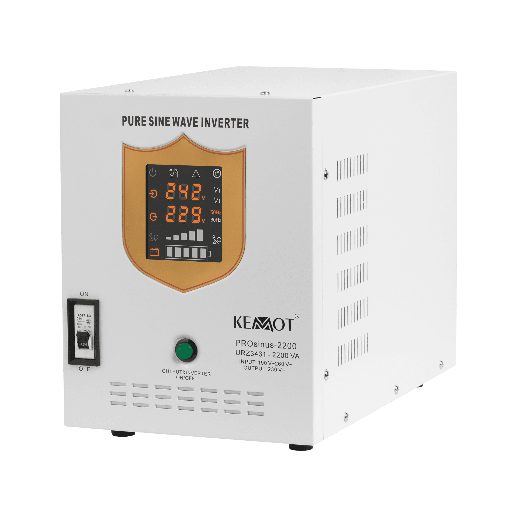 Avarinis maitinimo šaltinis KEMOT PROSINU- 2200 konverteris su švariu sineloidiniu kursu ir įkrovimo funkcija 12V 230V 2200VA / 1600W