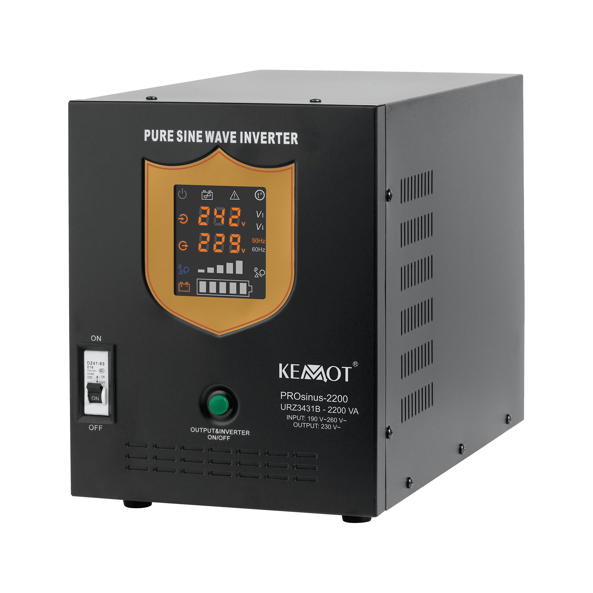 Zasilacz awaryjny KEMOT PROsinus-2200 przetwornica z czystym przebiegiem sinusoidalnym i funkcją ładowania 12V 230V 2200VA/1600W - kolor czarny