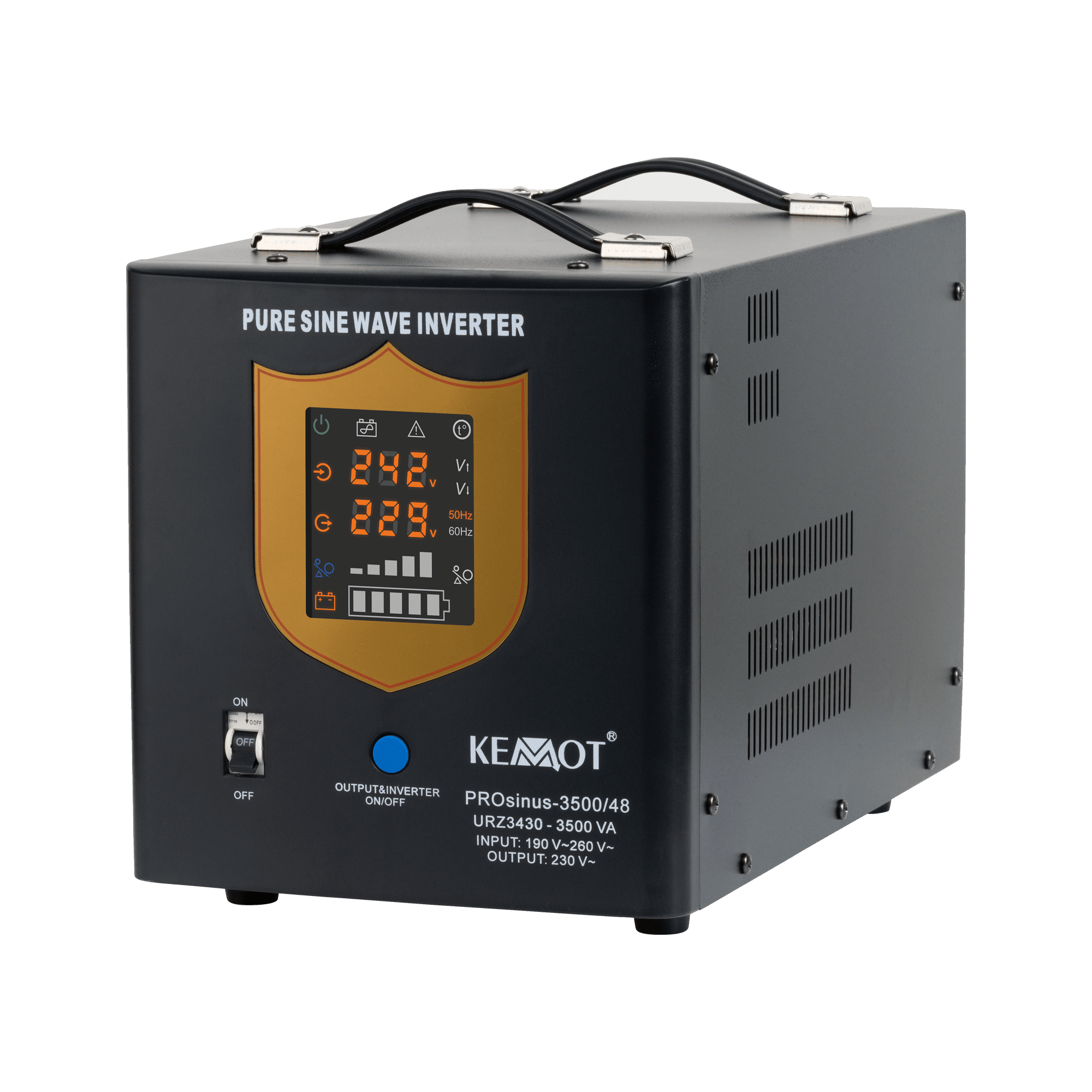 Avarinis maitinimo šaltinis KEMOT Prosinus- 3500 / 48 konverteris su grynu sineloidiniu kursu ir įkrovimo funkcija 48V 230V 3,500VA / 2400W