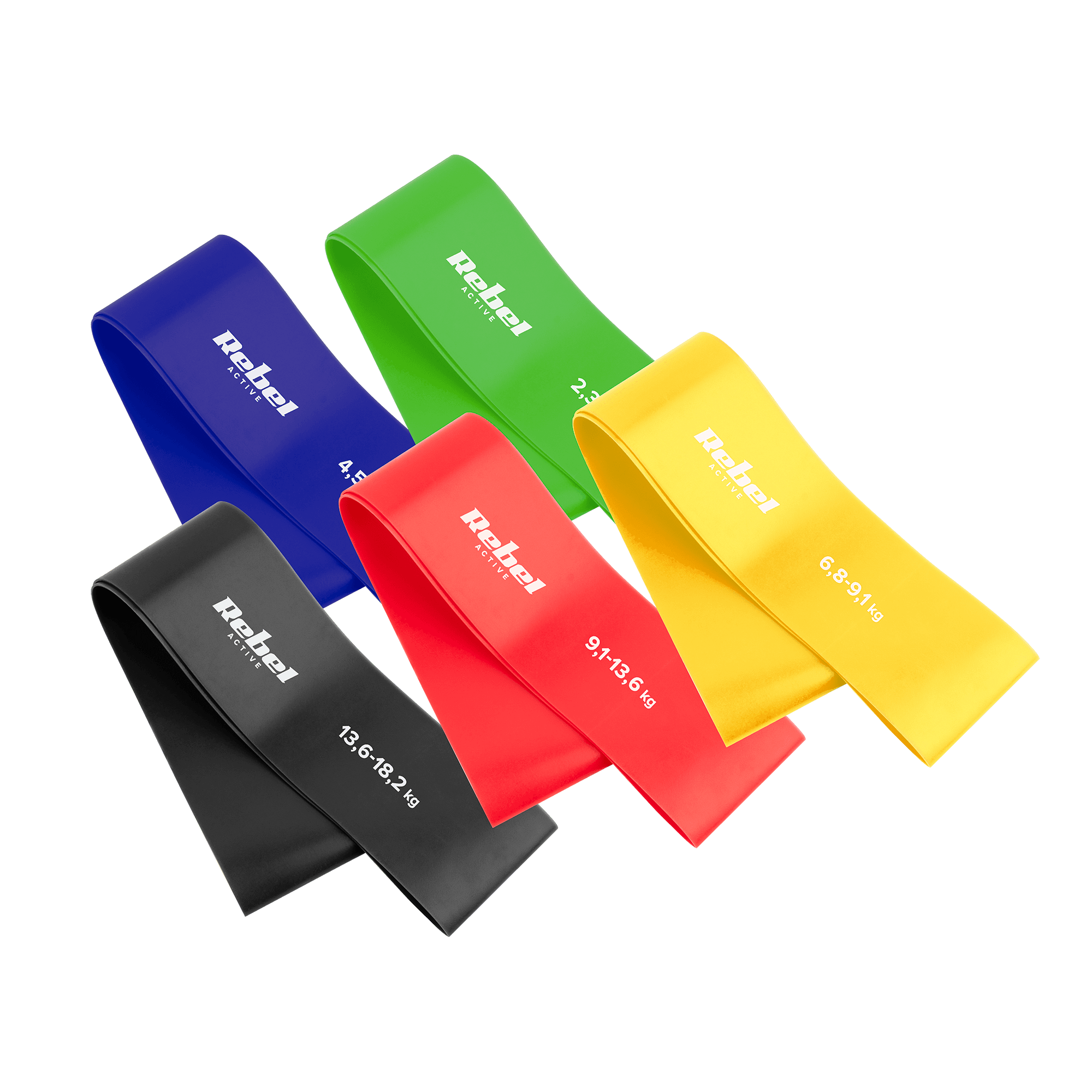 TPE pratybų gumos rinkinys - mini juosta L, 2.3-18.2 kg, 5 gumos, spalvos, REBEL ACTIVE
