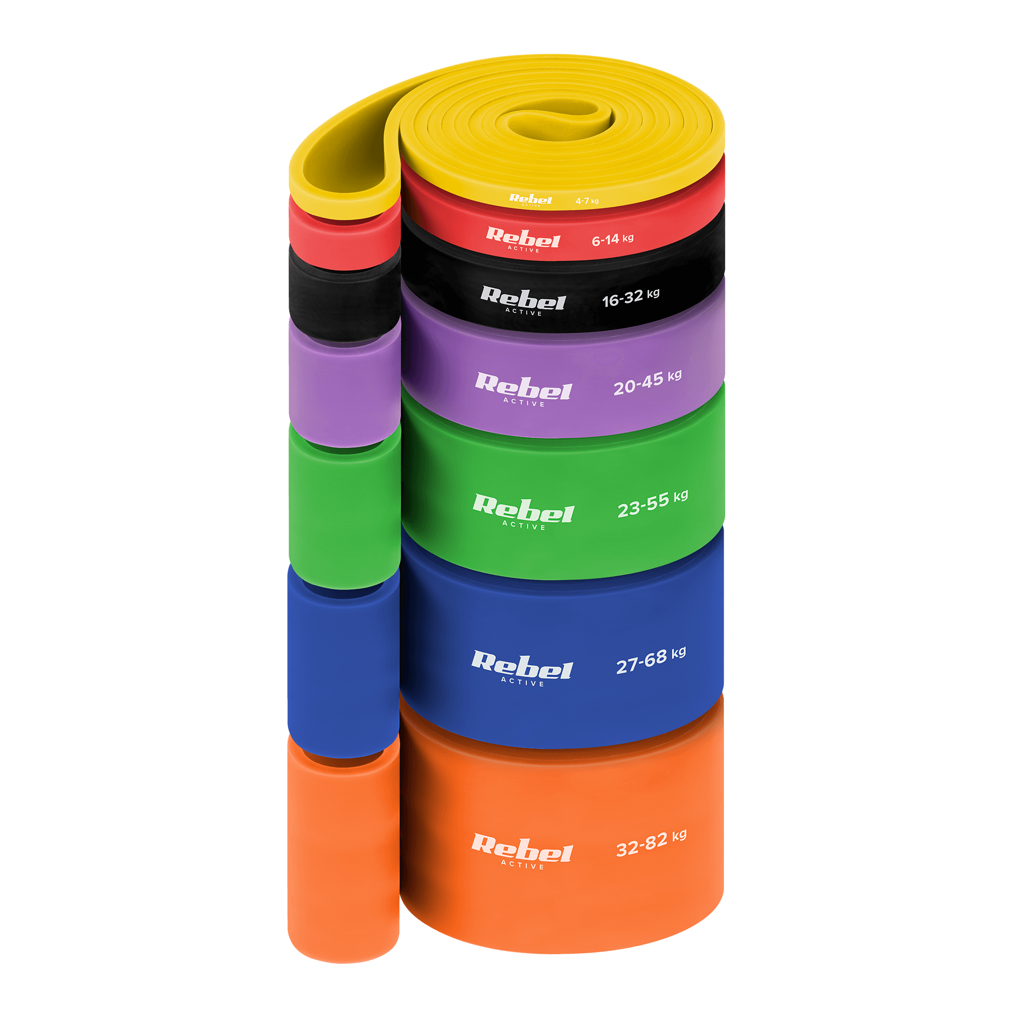 TPE pratybų gumos rinkinys - Power Band PT- S7, 4- 82 kg, 7 TPE guma, REBEL ACTIVE