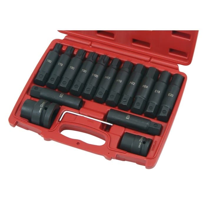 3/4" + 1" Smūginių antgalių rinkinys (TORX, E-TORX, HEX) 16vnt.