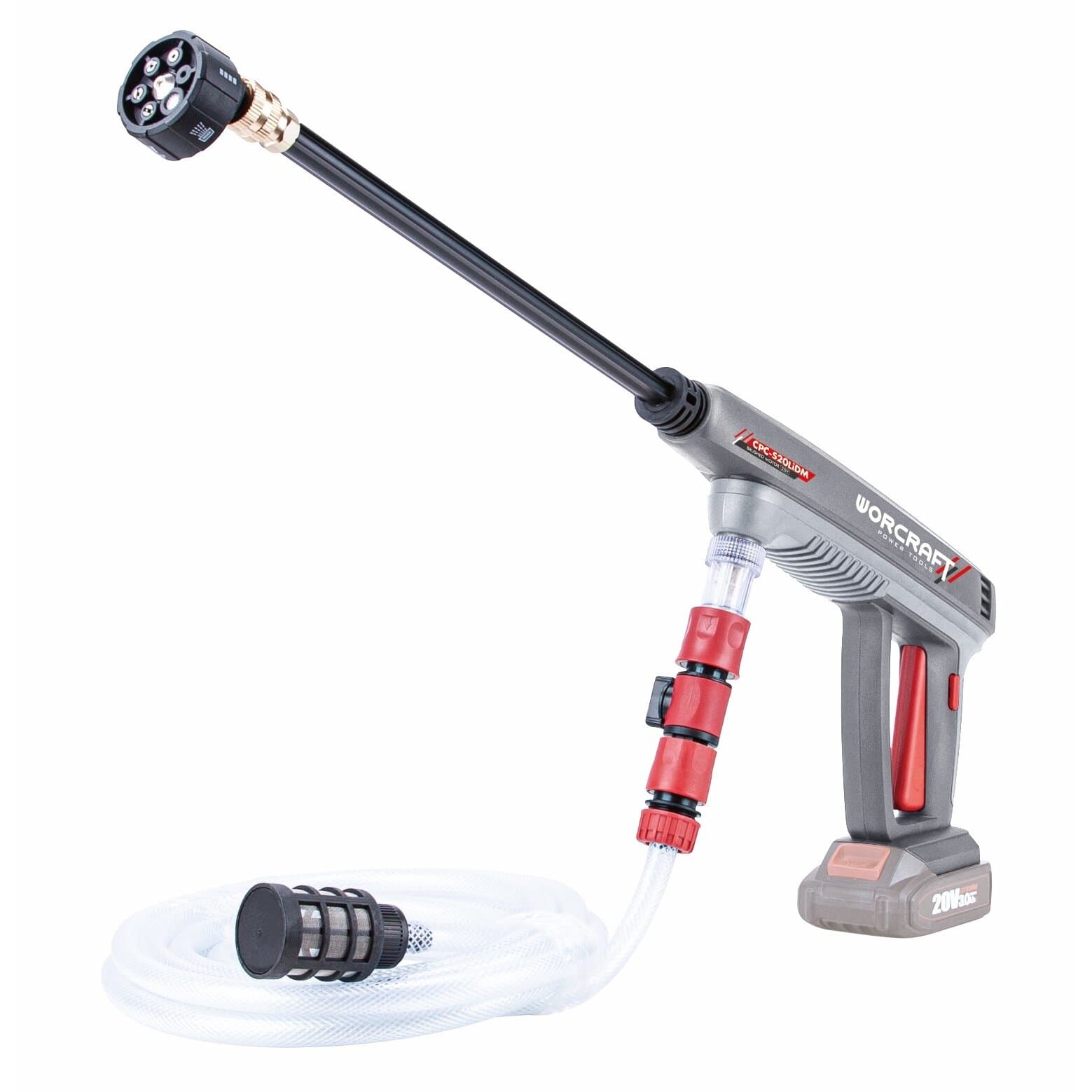 Akumuliatorinis aukšto slėgio plovimo pistoletas su plastikine dėže 20V LI-ION 2.0Ah