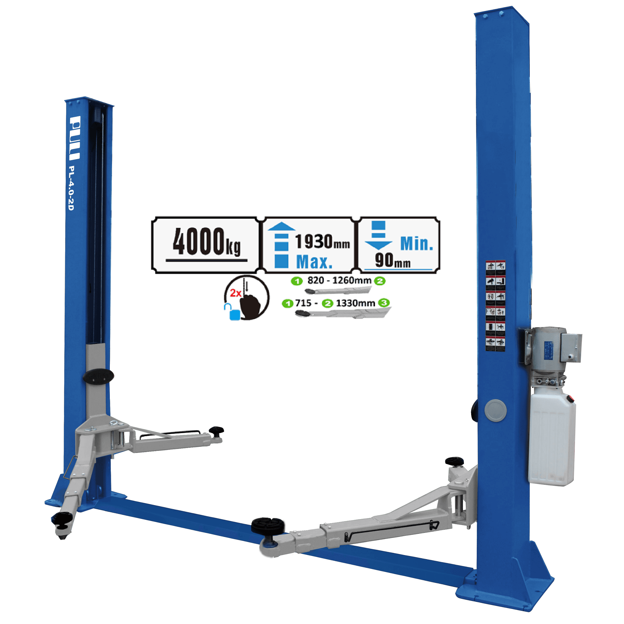 Hidraul. dviejų kolonų keltuvas su mech. saugumo fiksatoriais (3 pakopų letenos), 4.0t